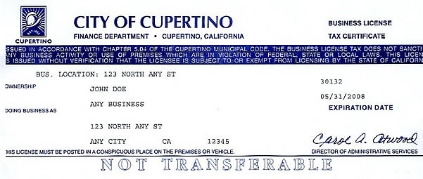 Sample Cupertino Business License